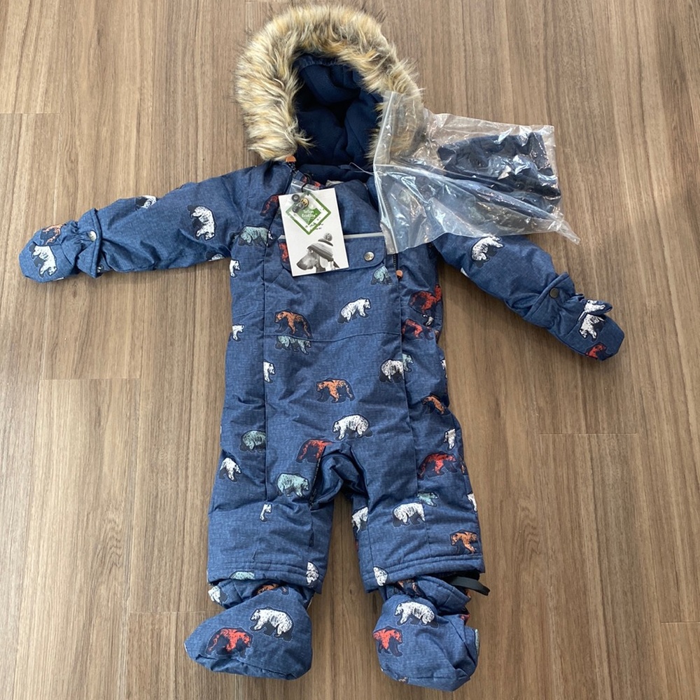 Maisonette deux par deux printed grizzlys one piece baby snowsuit navy blue